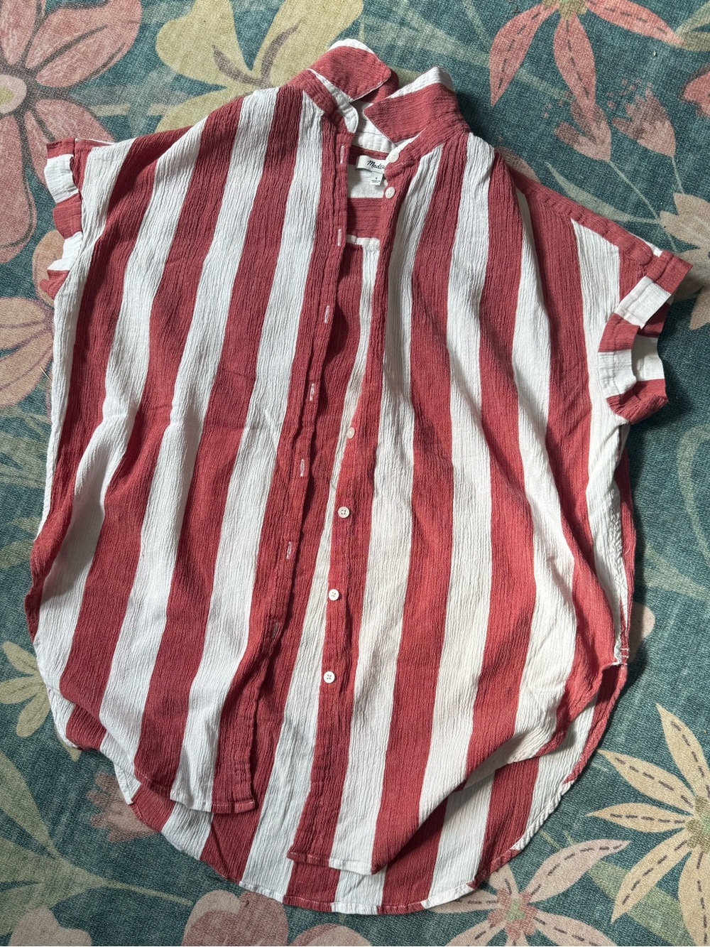 Red and White Vertical Stripe Button-Up Shirt